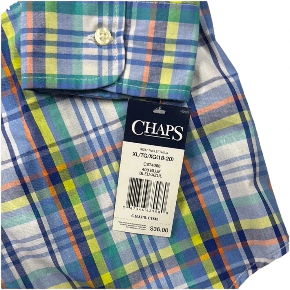 Chaps Boys Blue and Green Button Down Shirt Vibrant Plaid Design,‎ Size XL NWT